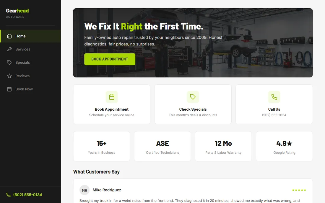 Cedar Auto Works — Auto website demo
